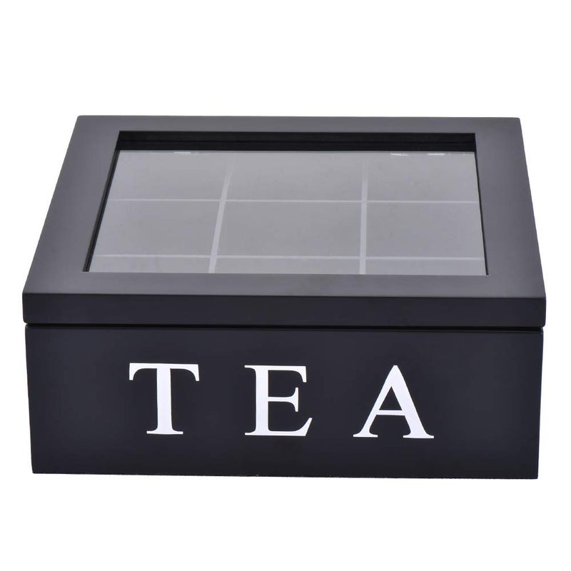 Fonture Wood Tea Storage Box, Teabag Storing 9 Compartments Wooden Tea Box Hinged Glass Lid Tea Organizer-Black - Image 2